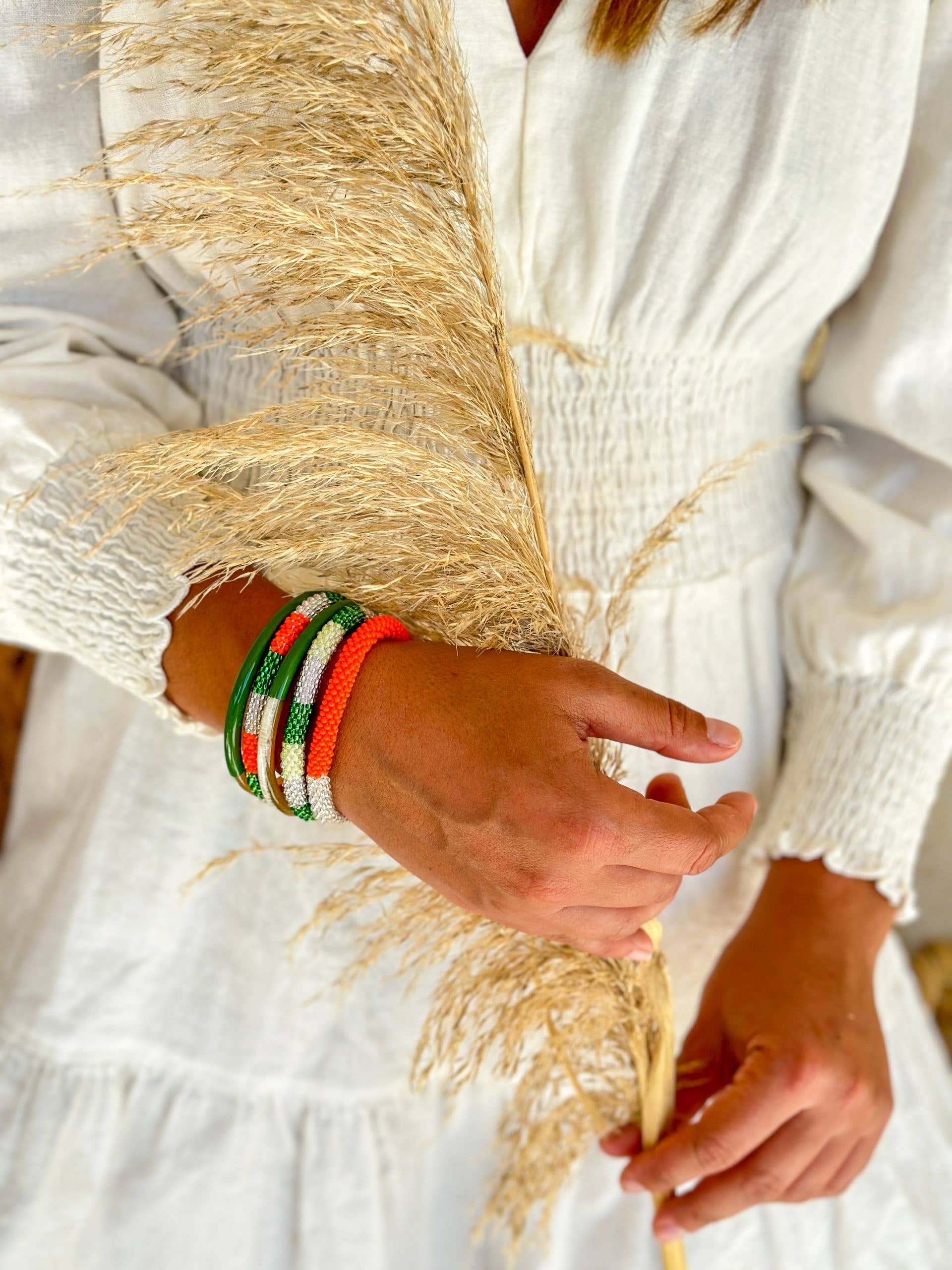 Bracelet népalais ARGENT/ORANGE/VERT
