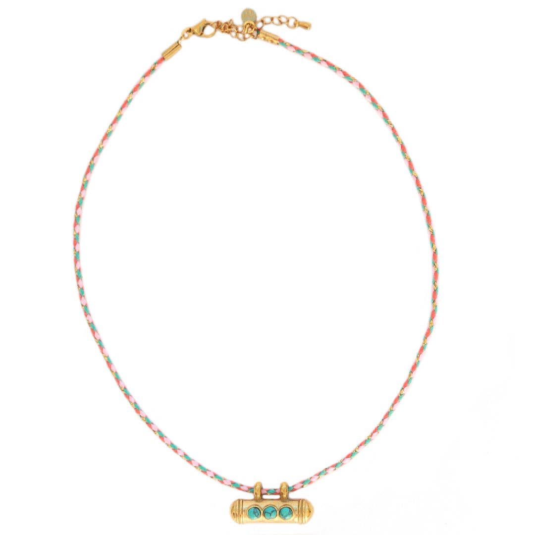 Collier cordon avec barre dorée et turquoise